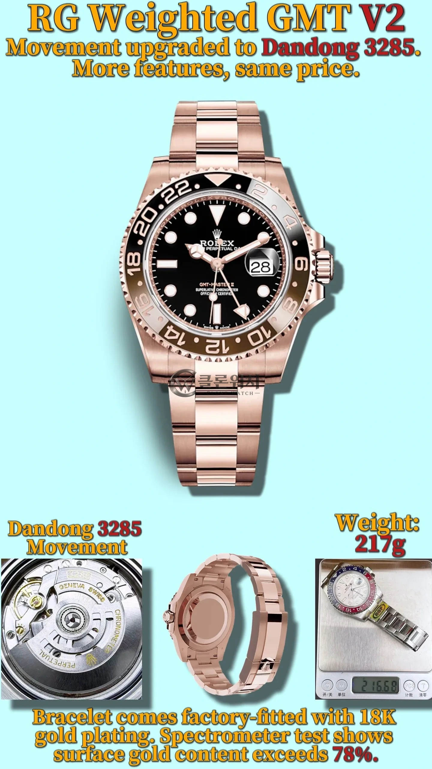 롤렉스 GMT-마스터 II RG 126715 BLRO RGF RCF 1:1 베스트 에디션 브라운 다이얼 V2 217g (웨이티드)