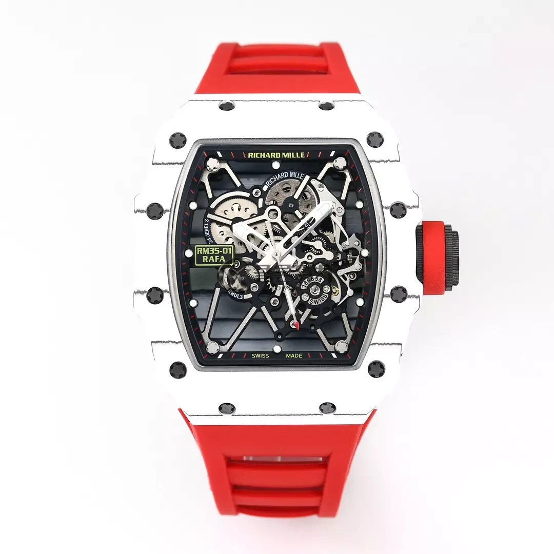 RICHARD MILLE RM035 RM35-01 화이트 카본 BBR 베스트 에디션 스켈레톤 다이얼 레드 러버 스트랩 클론 RMUL3