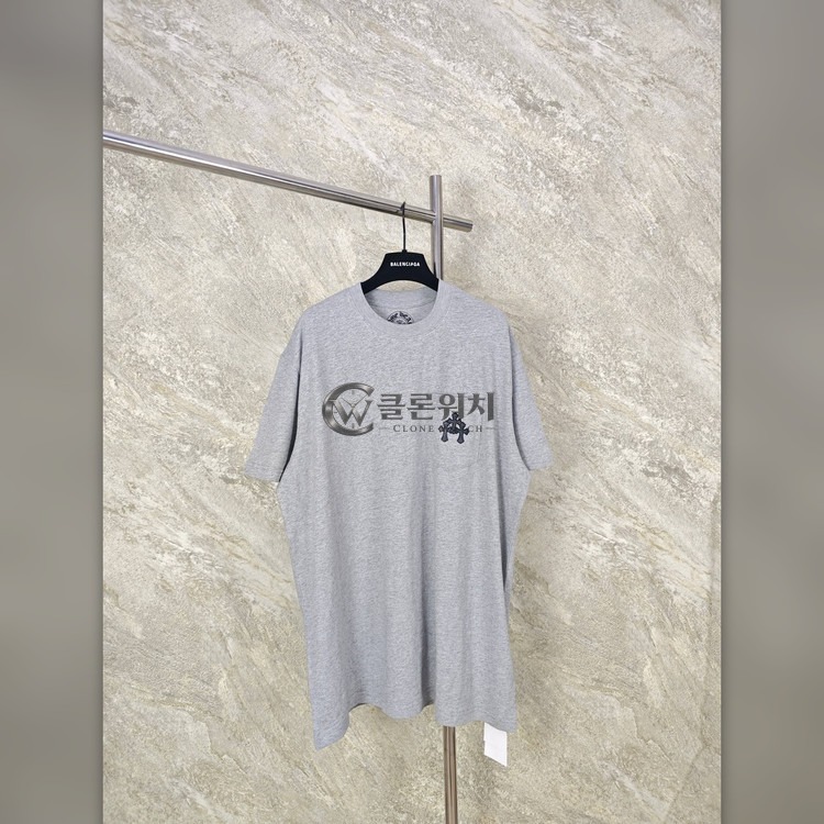 크롬하츠 슬럽 코튼 레더 패치 반팔 티셔츠 그레이