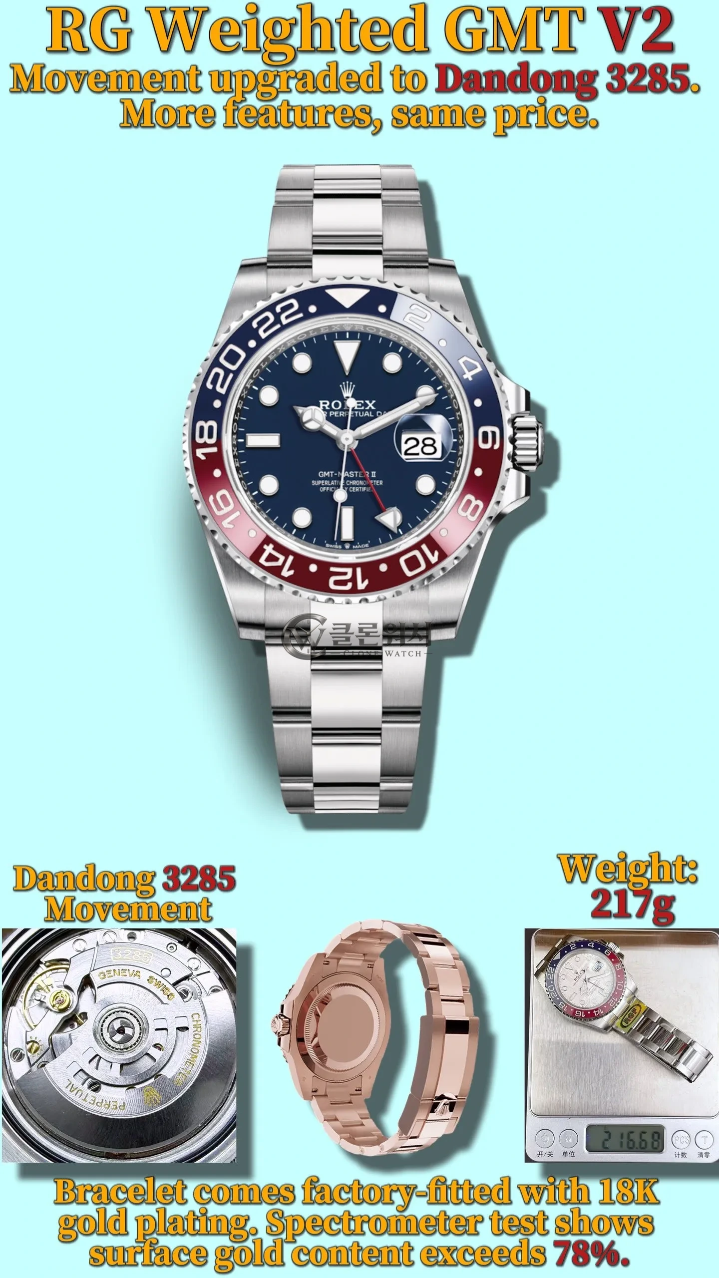 롤렉스 GMT-마스터 II 126719 BLRO RGF RCF 1:1 베스트 에디션 블루 다이얼 V2 217g (웨이티드)