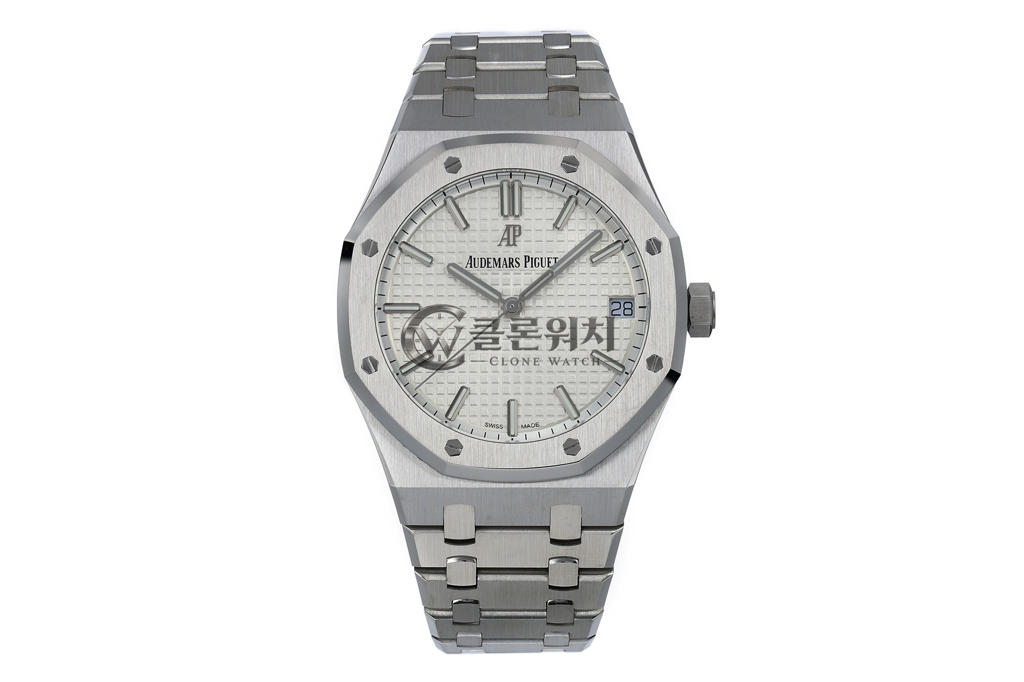 AP 로열 오크 41mm 15500 SS ZF 1:1 베스트 에디션 화이트 텍스처드 다이얼 SS 브레이슬릿 SA4302 슈퍼클론 V4 (프리 스프렁)