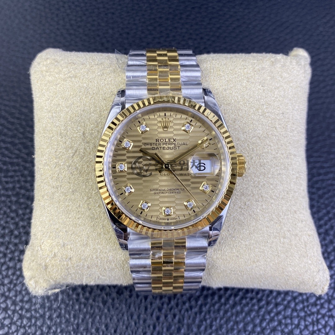 VS 공장 롤렉스 데이트저스트 36mm 126233 투톤 옐로 골드 골든 플루티드 모티프 다이아몬드 다이얼 주빌리 브레이슬릿 - 1:1 슈퍼클론 DD3235 무브먼트