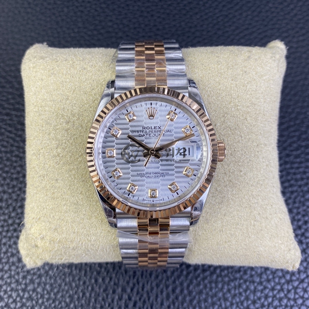 VS 공장 롤렉스 데이트저스트 36mm 126231 투톤 로즈 골드 실버 플루티드 모티프 다이아몬드 다이얼 주빌리 브레이슬릿 – 1:1 슈퍼클론 DD3235 무브먼트