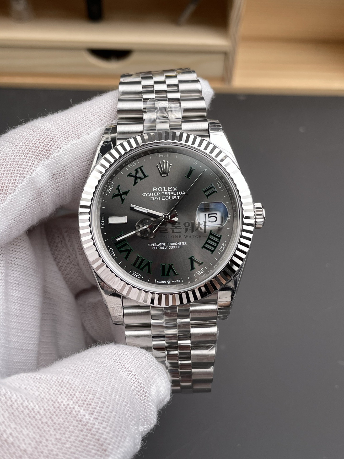 VS 공장 롤렉스 데이트저스트 41mm 126334 슬레이트 그레이 “윔블던” 다이얼 플루티드 베젤 주빌리 브레이슬릿 – 1:1 슈퍼클론 DD3235 무브먼트