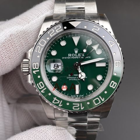 VS 공장 롤렉스 GMT-마스터 II 126729VTNR “스프라이트” 왼손잡이용 40mm 그린 다이얼 화이트 골드 스타일 블랙/그린 세라믹 베젤 오이스터 브레이슬릿 – 1:1 슈퍼클론 DD3285 무브먼트