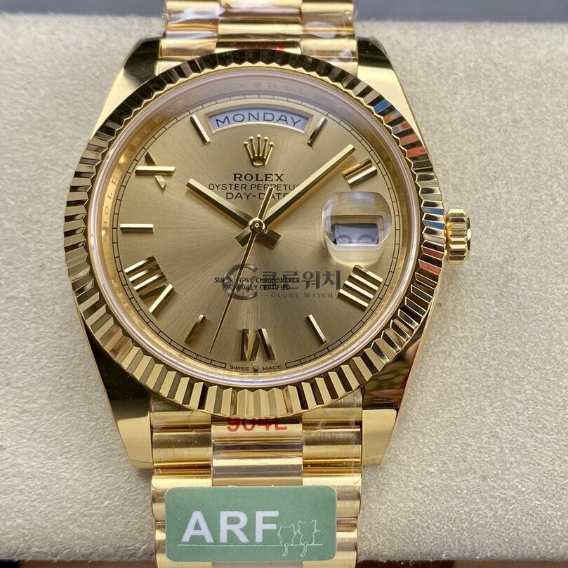 ARF Factory Rolex Daydate 40mm Champagne Roman Dial Fluted Bezel Yellow Gold Bracelet 3255 Movement Weight Gained 40mm
