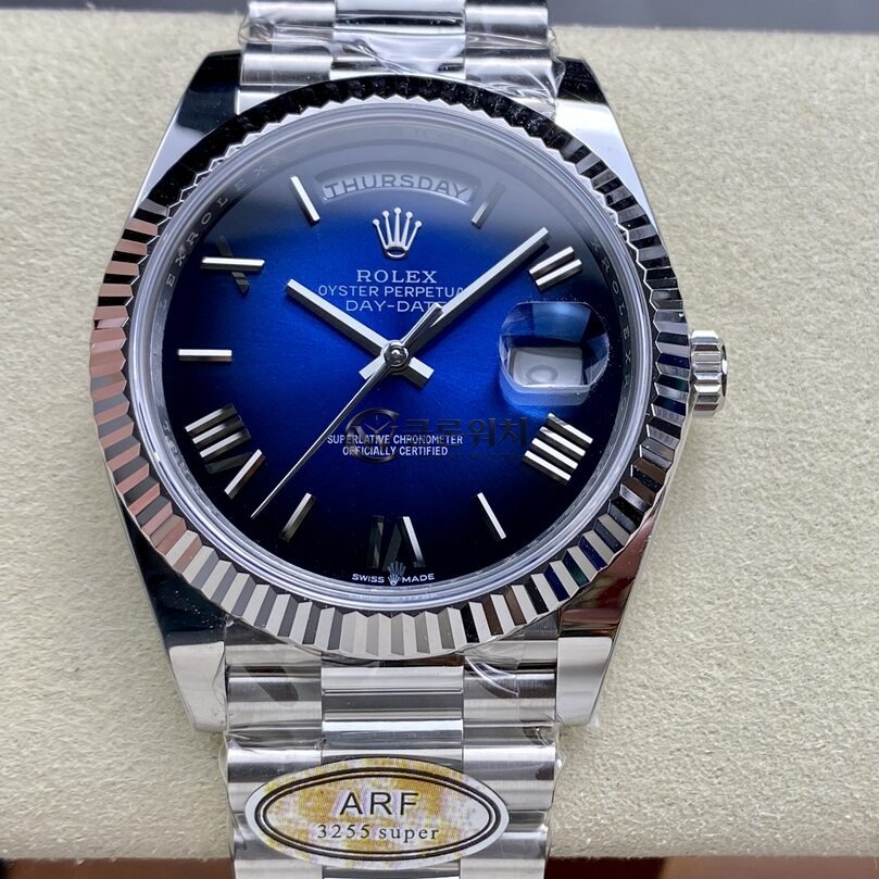 ARF Factory Rolex Daydate 40mm Dark Blue Roman Dial Fluted Bezel 904L Steel Bracelet 3255 Movement Weight Gained 40mm
