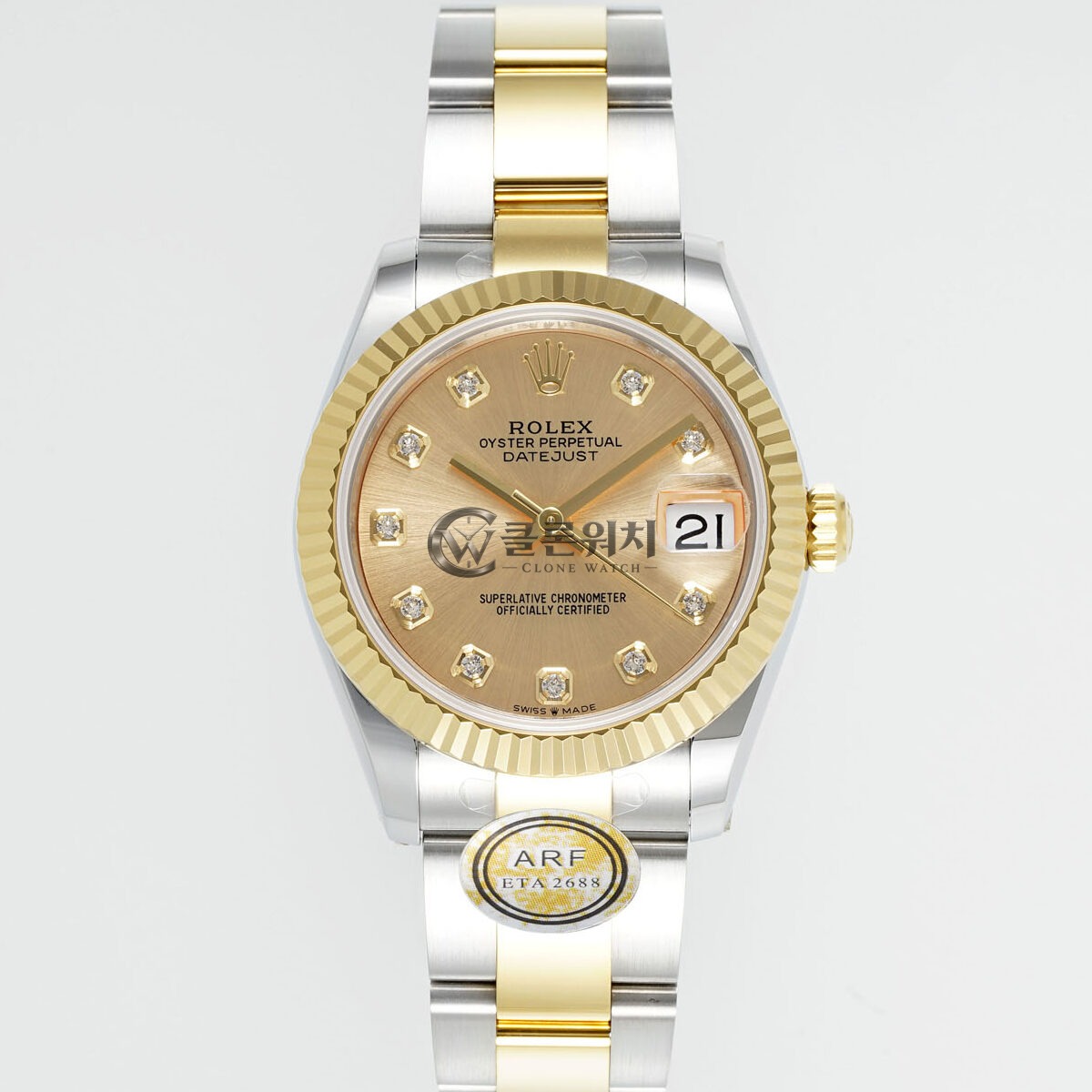 ARF 공장 최고퀄 롤렉스 데이저스트 31mm Champagne 다이얼 With Diamonds Fluted Yellow Gold Bezel 904L Steel&Yellow Gold Oyster/Jubilee Bracelet ETA 2688 무브먼트 31mm