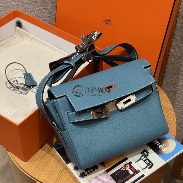 최고퀄 올수공 에르메스 켈리 메신저 24 Blue Jean 에버컬러 가죽 은장