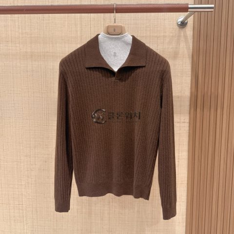 Loro Piana Ribbed Knit Polo Sweater Dark Brown
