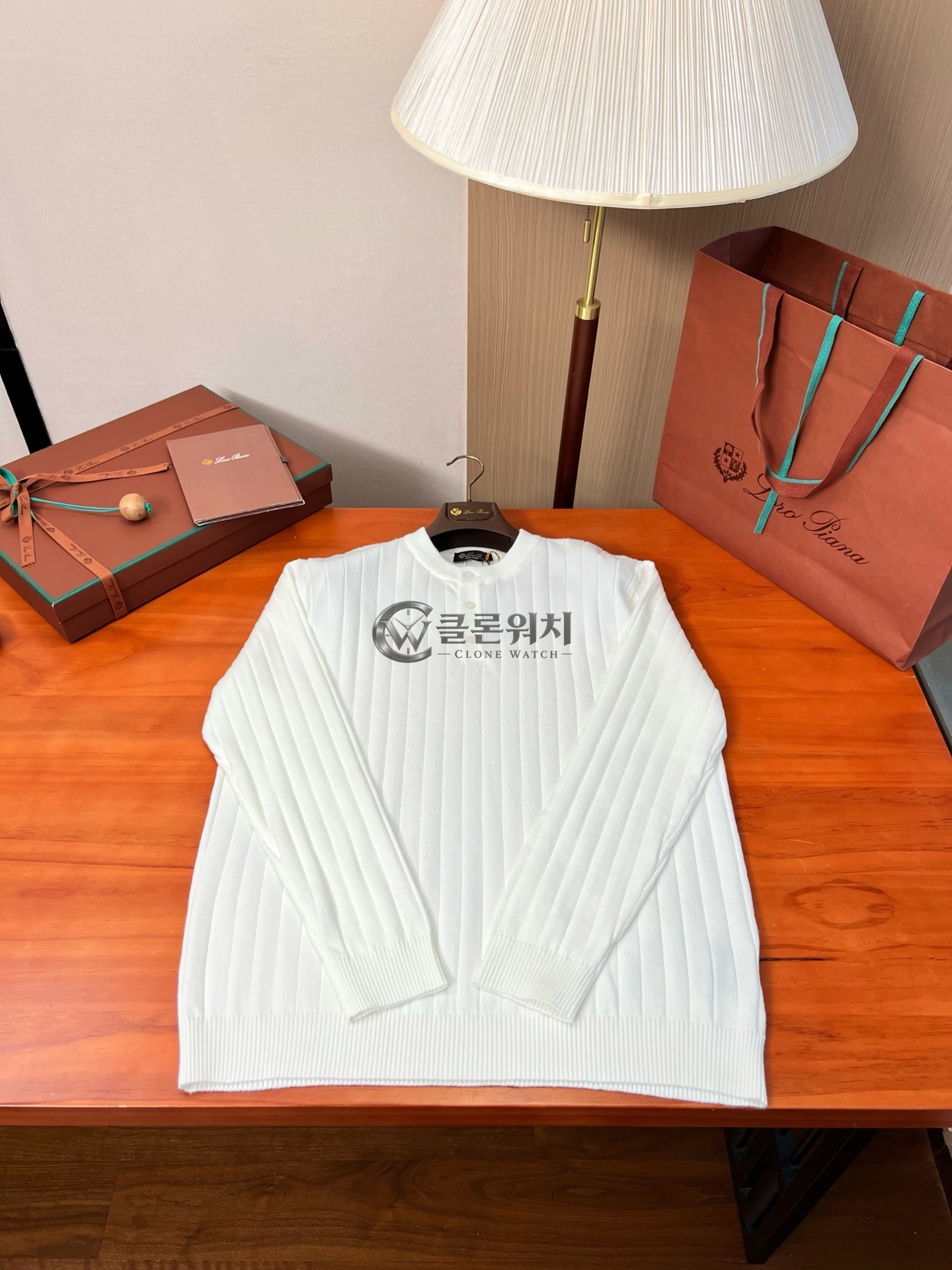 Loro Piana White Ribbed Cotton Henley Sweater