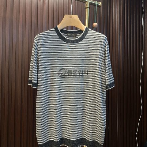 로로피아나 아곤다 코튼 린넨 스트라이프 티셔츠 블루그레이와 아이보리
