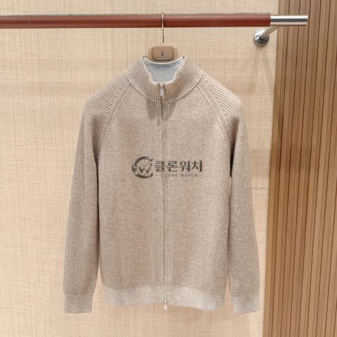 브루넬로 쿠치넬리 베이지 울 하이넥 집업 카디건