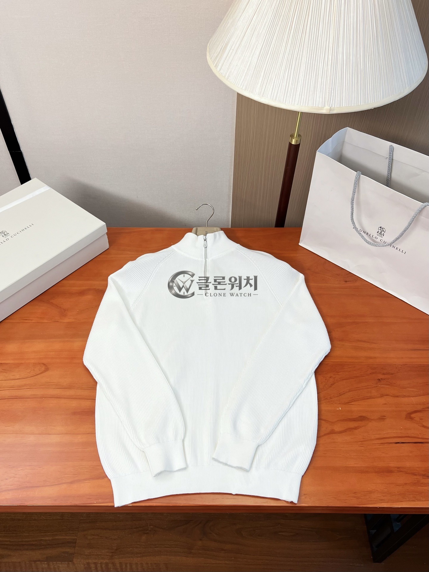 Brunello Cucinelli White Ribbed-Knit Half-Zip Cotton Sweater