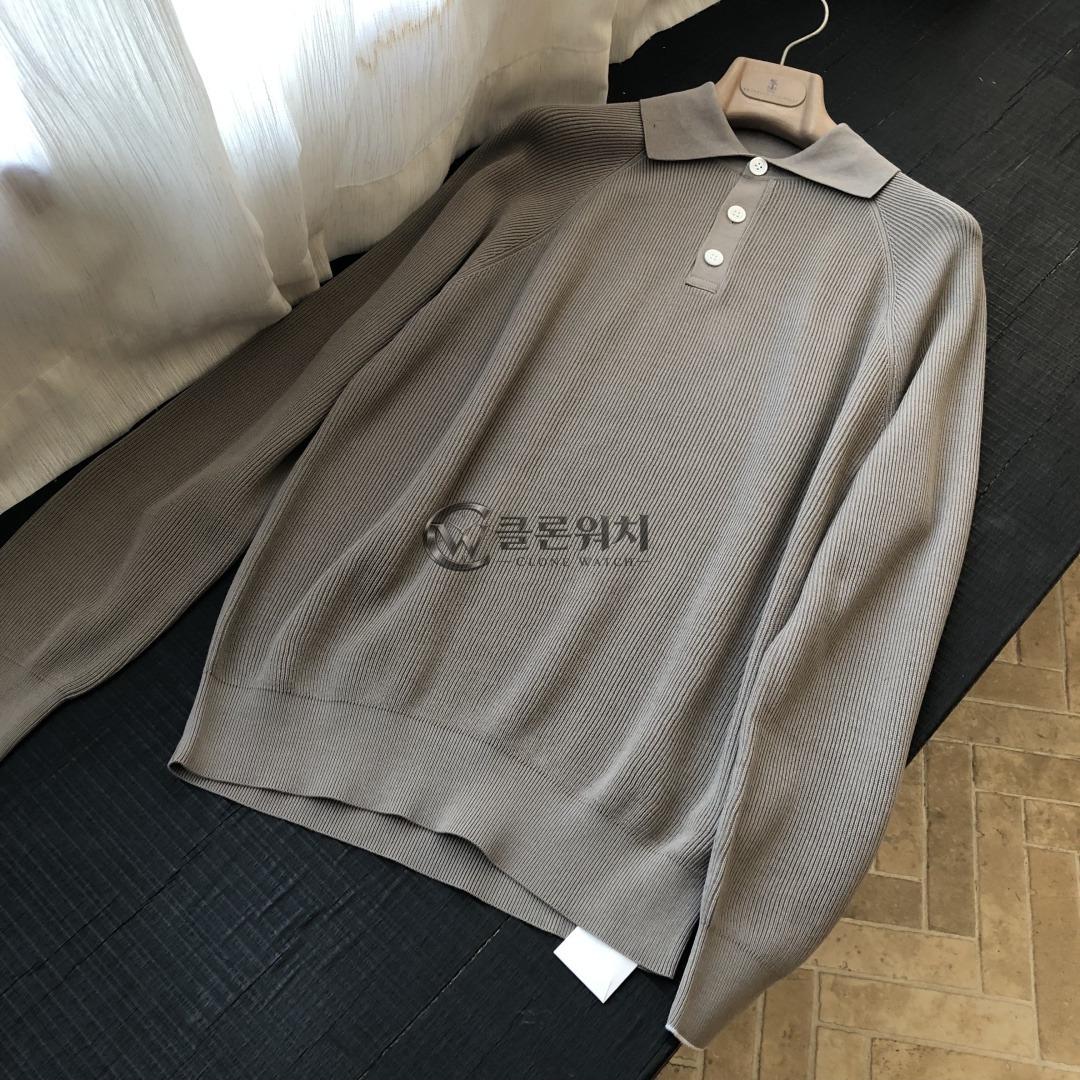 브루넬로 쿠치넬리 코튼 잉글리시 립 니트 긴 래글런 슬리브 폴로 카키