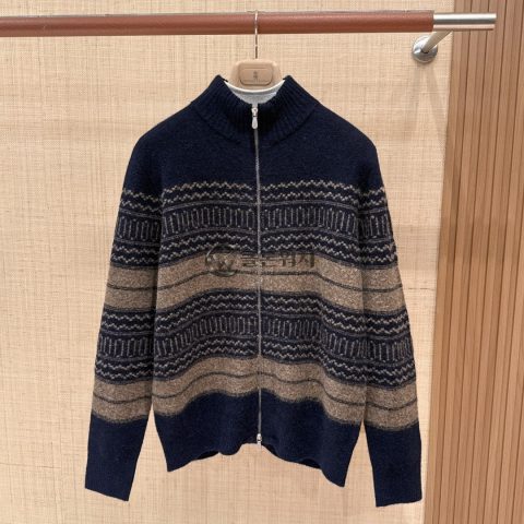 BRUNELLO CUCINELLI Fair Isle Jacquard-Knit Zip-Up Cardigan in Navy and Beige
