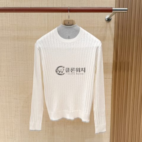 Brunello Cucinelli White Ribbed Cotton Crew-Neck Sweater