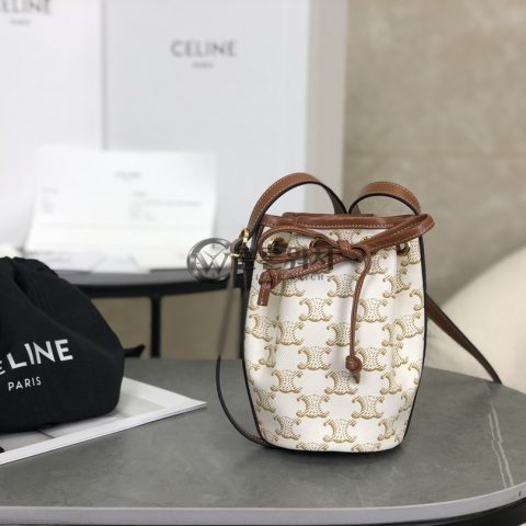 셀린느 CELINE Micro Drawstring Bucket Bag in Triomphe Canvas and Calfskin White and Tan