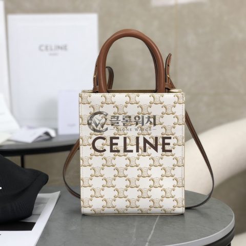 셀린느 CELINE Mini Vertical Cabas in Triomphe Canvas with Celine Print – White and Tan