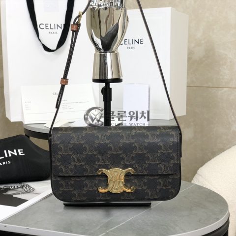 셀린느 CELINE Teen Triomphe Bag in Triomphe Canvas and Calfskin - Black/Tan