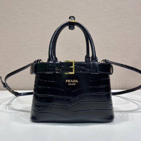 프라다 Prada Black Crocodile-Embossed Buckle Small Leather Top-Handle Bag